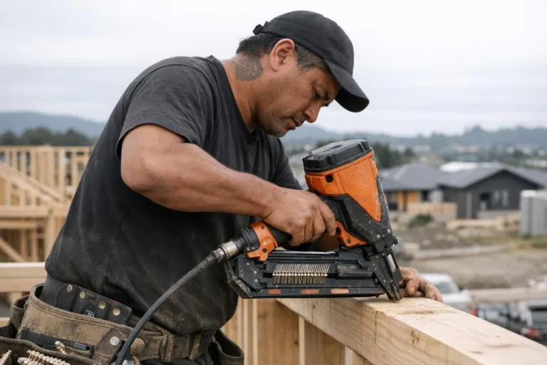 A builder nailing off a timber wall frame with a framing gun, houses going up on the site behind him