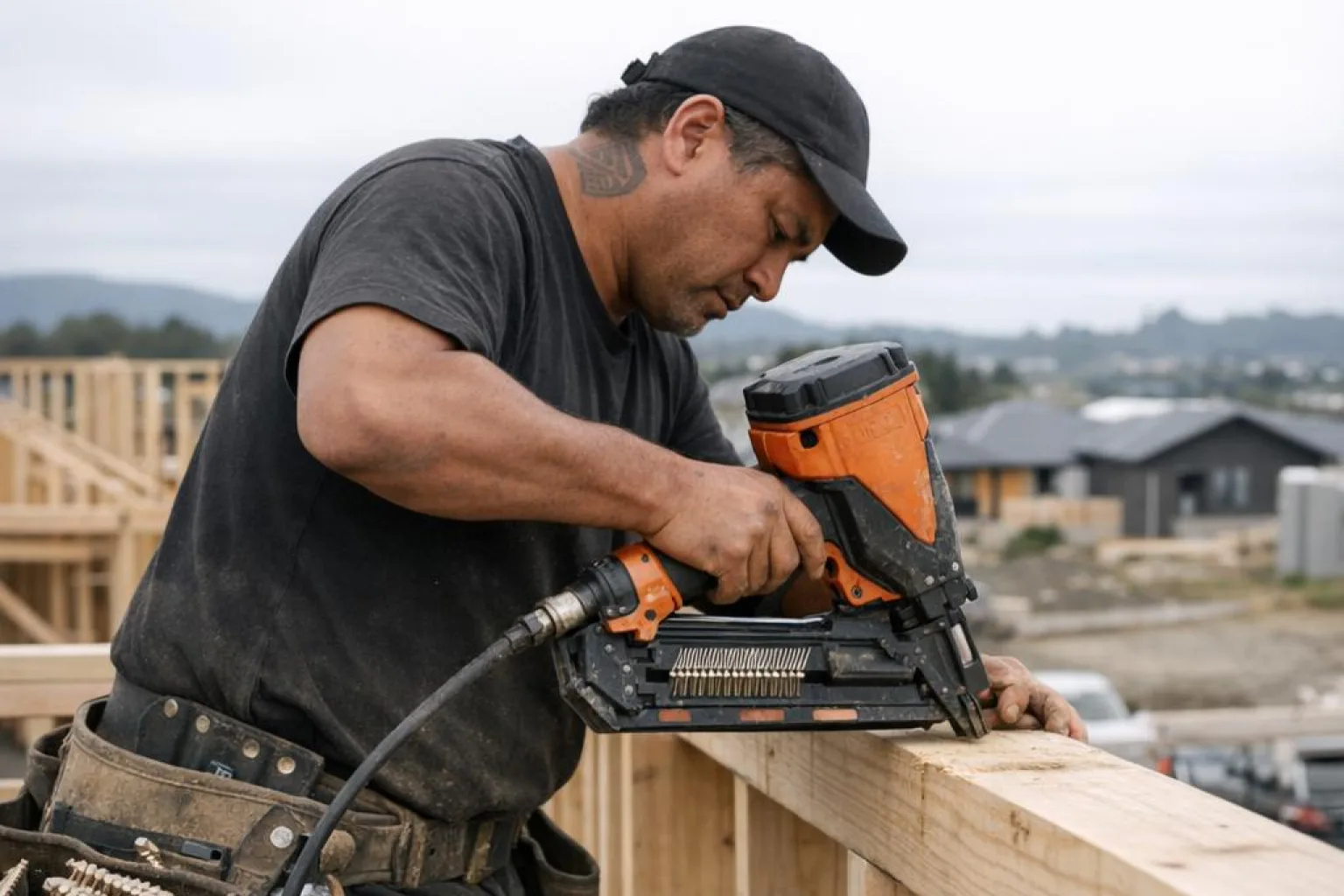 A builder measuring timber framing while a phone rests beside plans on the site table.