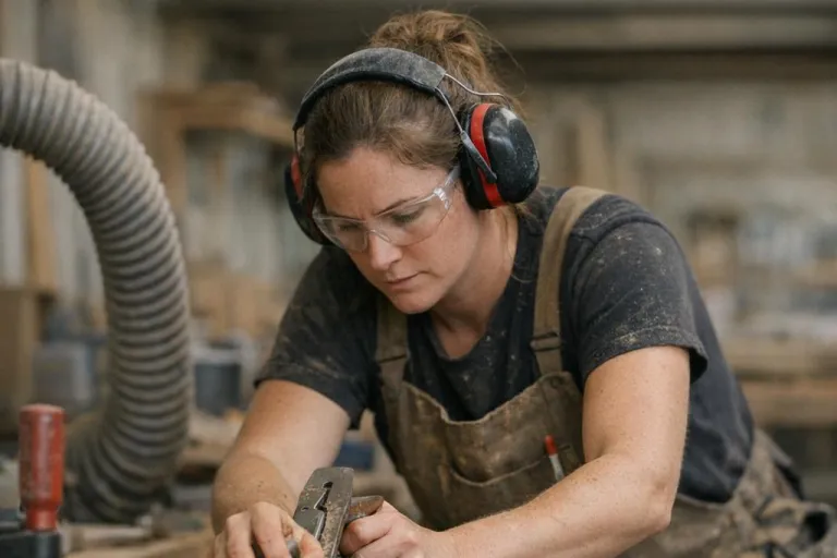 A carpenter in ear muffs and safety glasses running a hand plane along a length of timber in a workshop