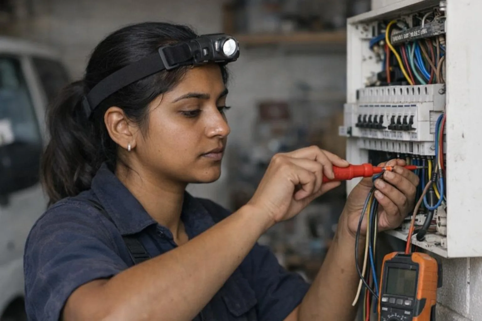 An electrician working with both hands at a residential switchboard while a phone rests safely nearby.