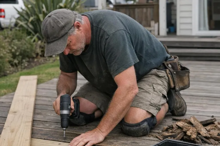 A handyman kneeling on a deck replacing a rotten board with a cordless drill, his tool box open beside him
