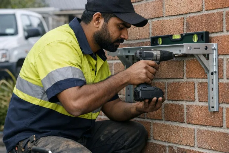An installer in hi-vis drilling an outdoor unit bracket into a brick wall, gauges and a vacuum pump beside him