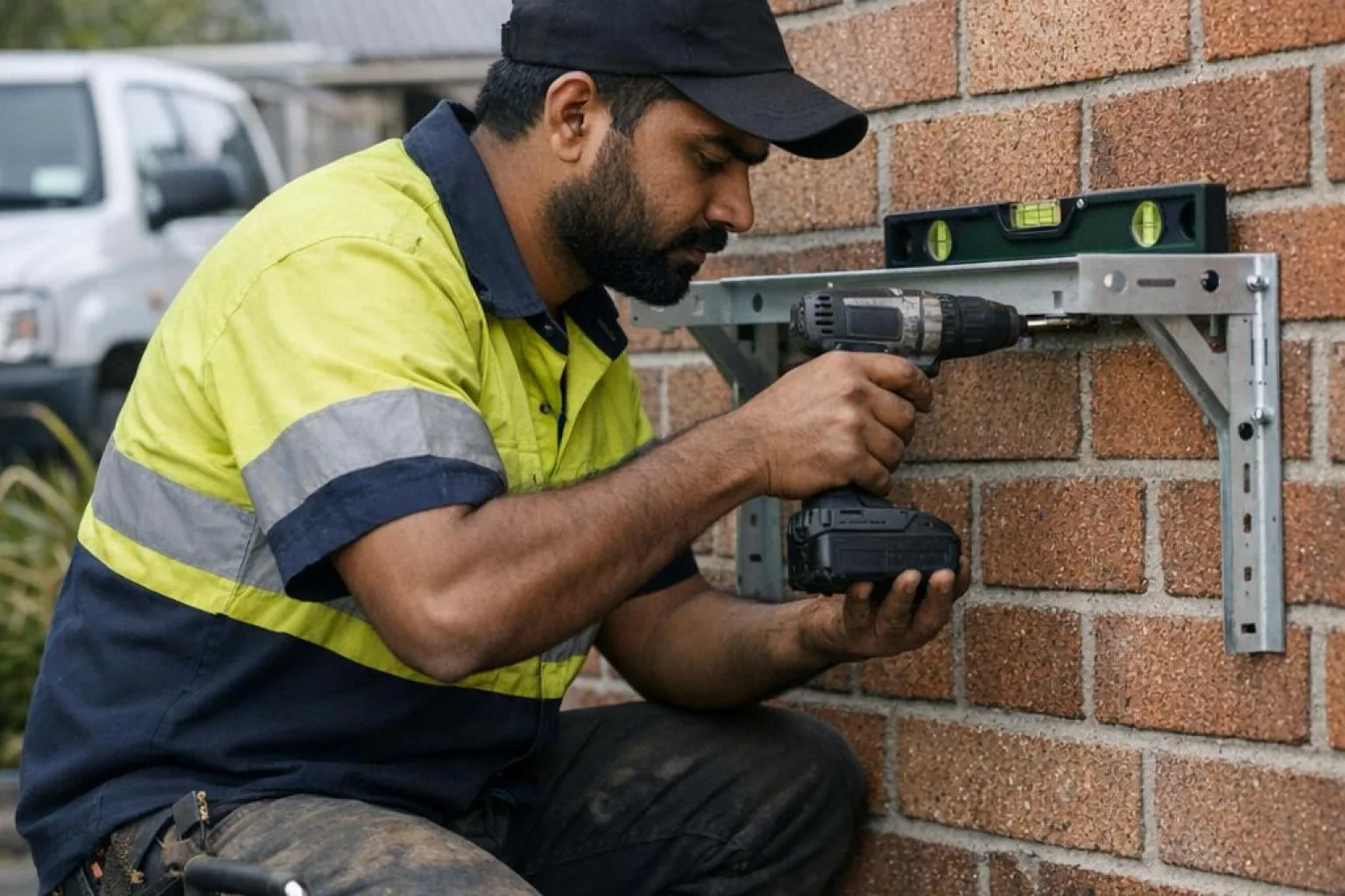 An installer in hi-vis kneeling at a brick wall, drilling a levelled outdoor unit bracket into place with a vacuum pump and gauges beside him.