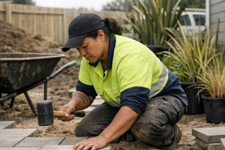 A landscaper in hi-vis tapping a paver into a sand bed with a rubber mallet, a barrow and plants behind her