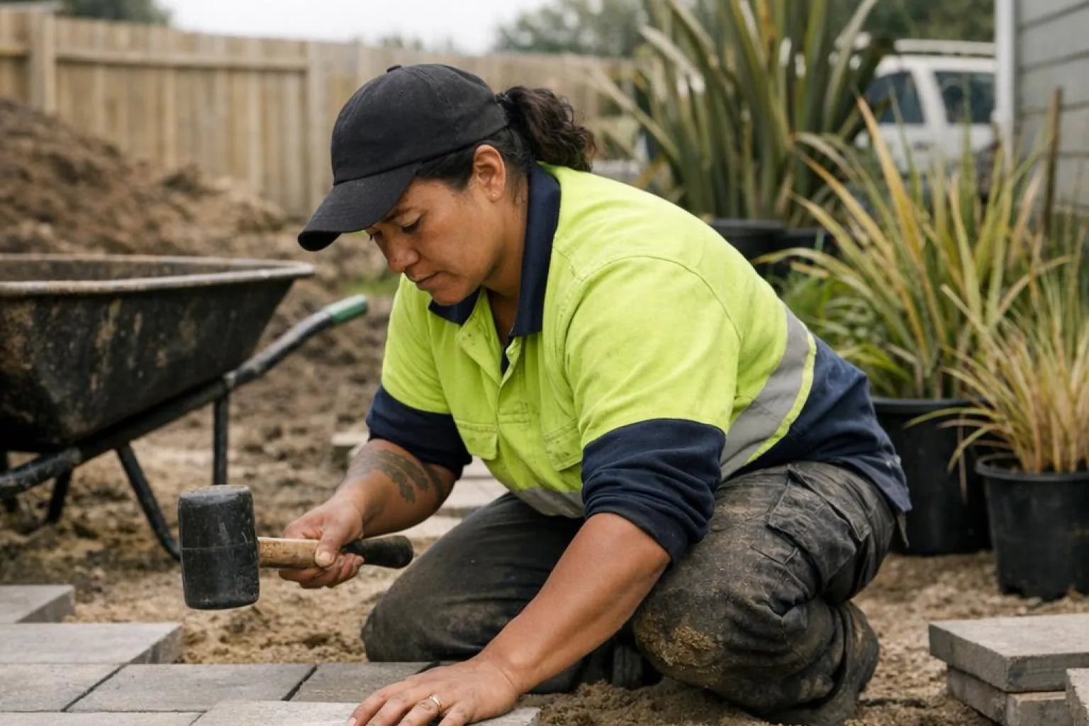 A landscaper in hi-vis kneeling on a sand bed, tapping a paver into place with a rubber mallet, a barrow and potted plants behind her.