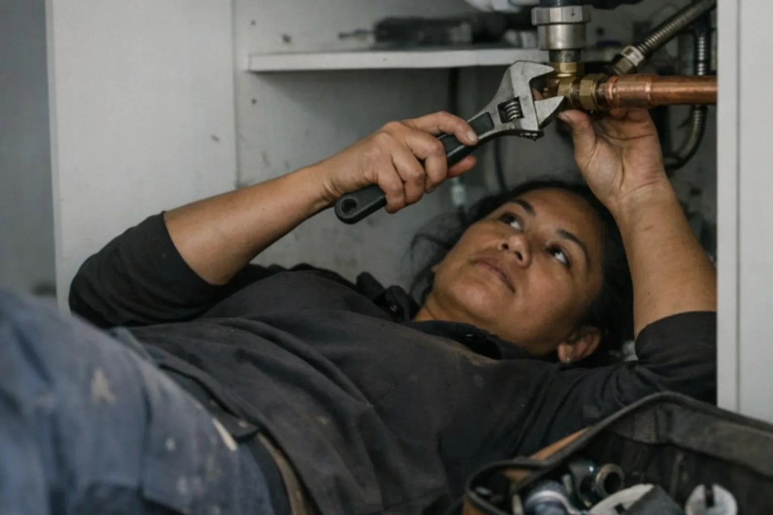 A plumber lying on her back under a kitchen sink, tightening a fitting with an adjustable wrench, her tool bag open beside her.