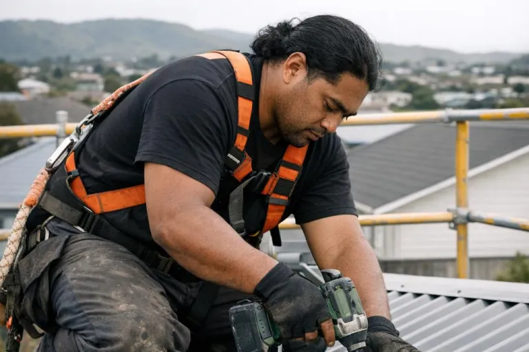 A roofer in a harness kneeling on a long-run roof driving a screw with a cordless driver, scaffolding behind him